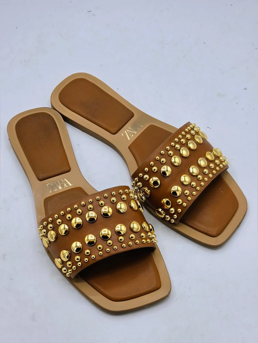 Zara Studded Flat Leather Slide Sandals Size 7.5 - Picture 13 of 14